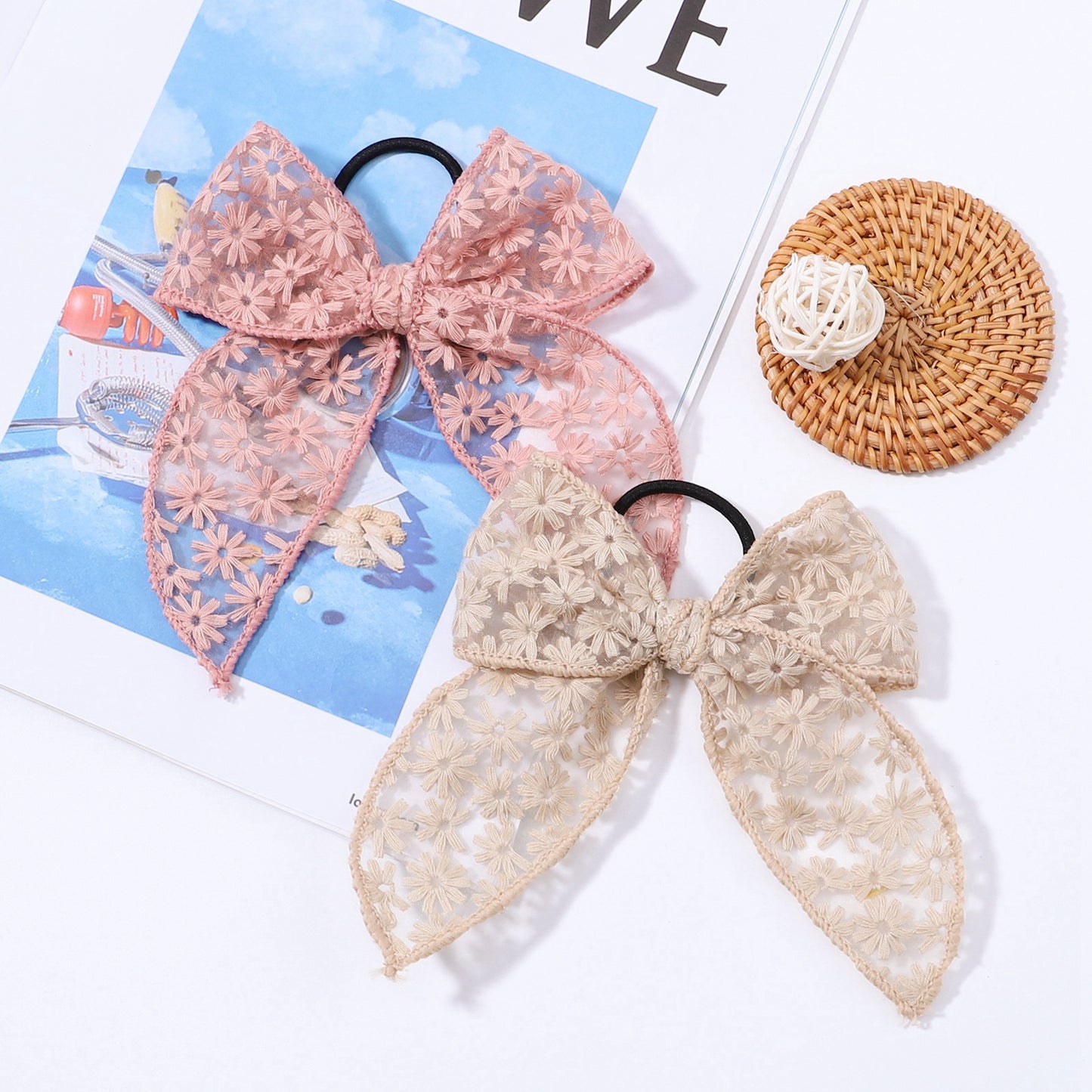 Cute Embroidered Bowknot Hair Ring with Lace and Floral Design - Child & Women Hair Accessories