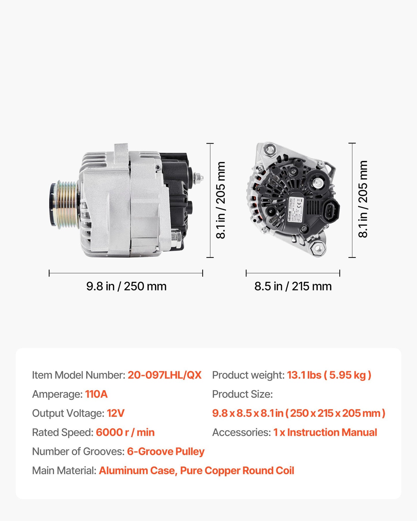 Automotive Alternator for Hyundai Sonata 2010-2013 & Kia Optima 2011-2013 - 12V Copper Coil, Aluminum Housing