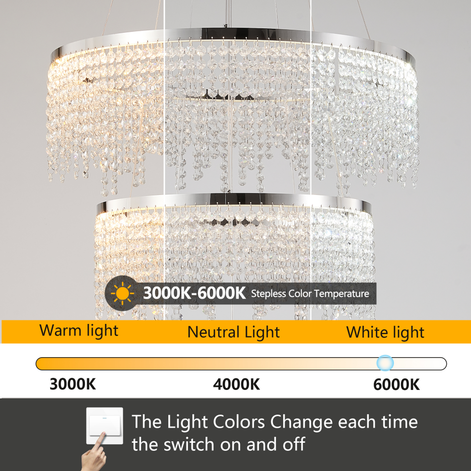 24-Inch Crystal LED Ceiling Chandelier with Adjustable Color Temperature - Chrome Finish