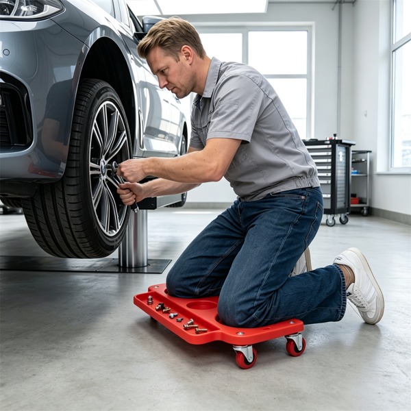 Red Rolling Knee Creeper with EVA Foam Cushioned Pads, 300 LBS Capacity Garage Knee Dolly for Auto Repair