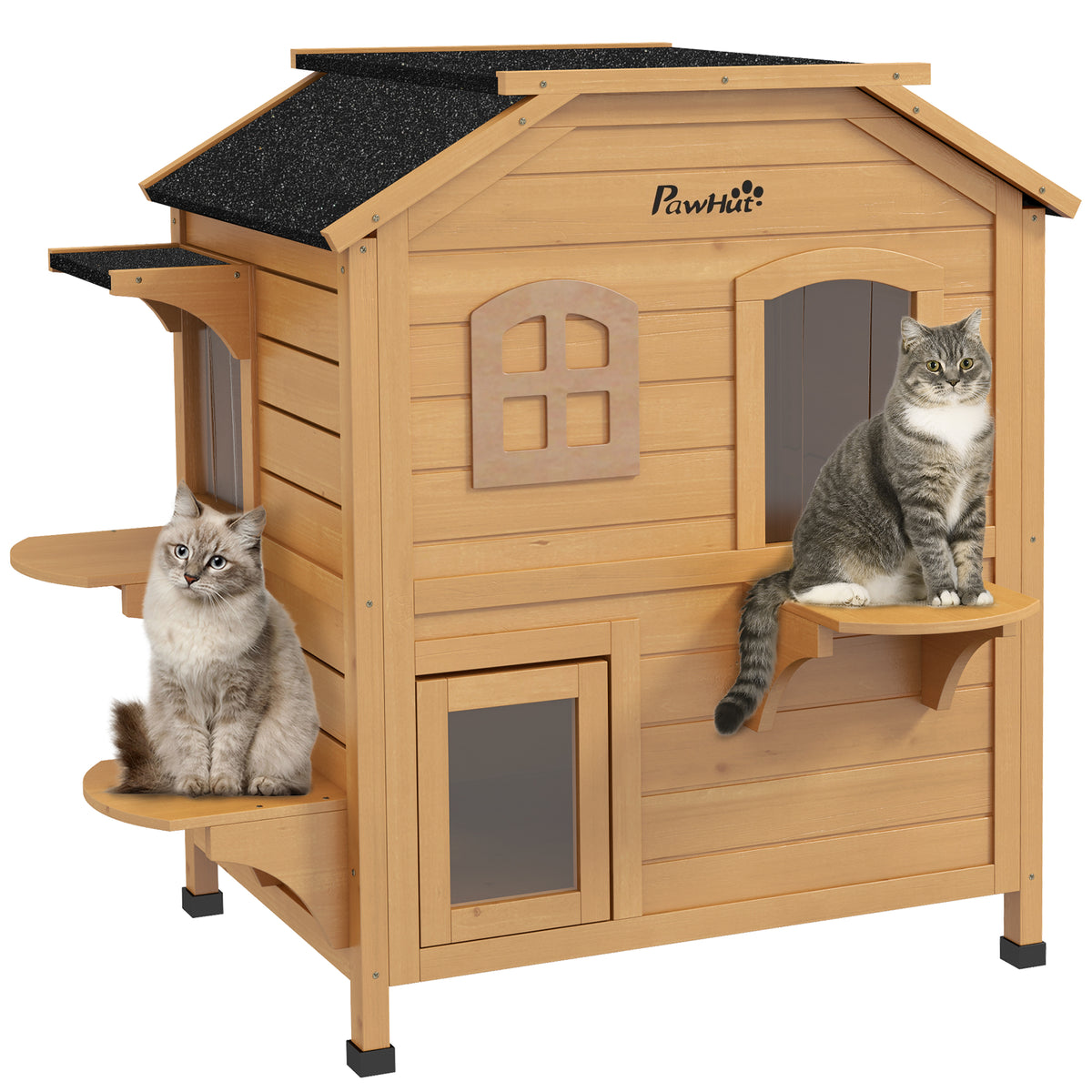 Outdoor Wooden Cat House with Escape Door Asphalt Roof 4 Platforms - Natural Yellow