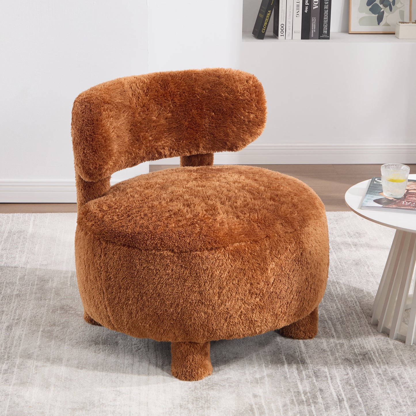 Curved Backrest Armless Accent Chair - Khaki Fur Upholstery