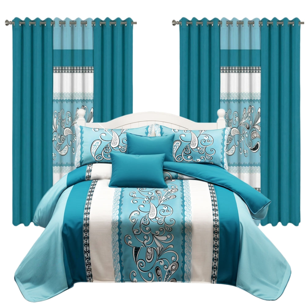 9-Piece Quilt and Curtain Bedding Set - Turquoise Paisley Design