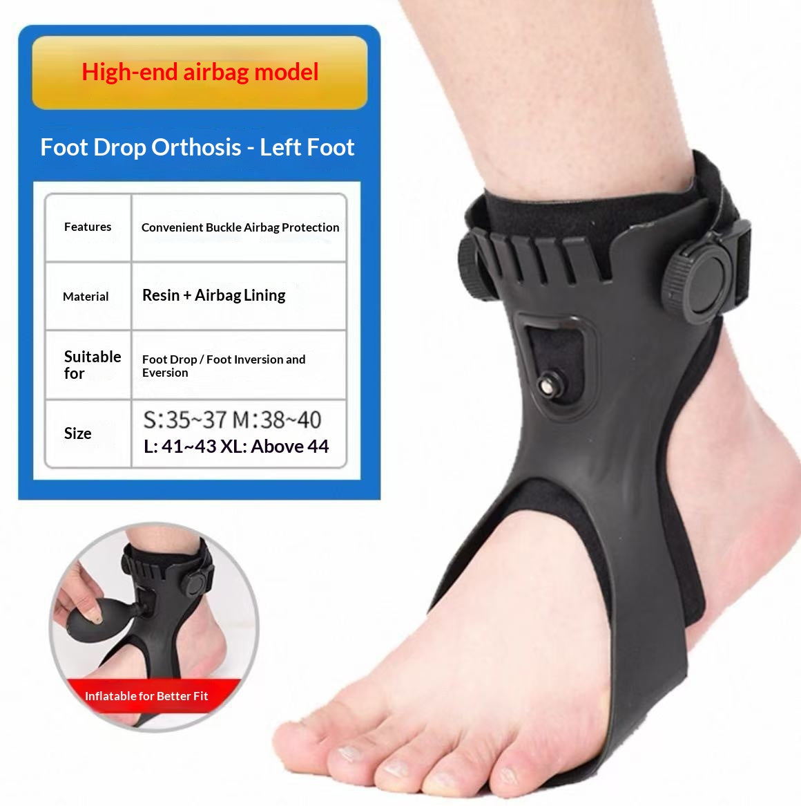 Adjustable Ankle Support Brace for Drop Foot & Plantar Fasciitis Comfort - Left/Right Airbag Version