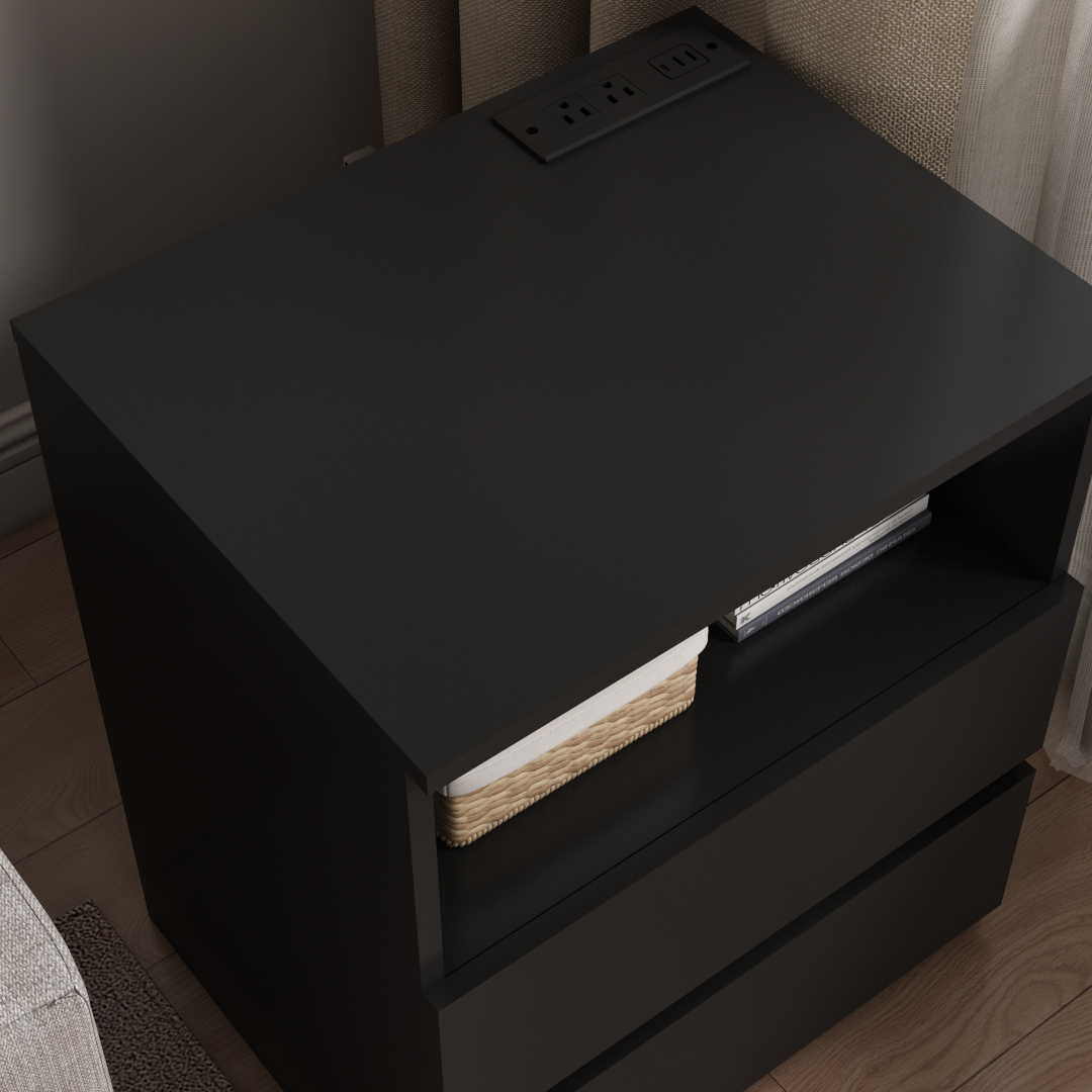 Set of 2 Modern End Tables with USB Charging Station & Drawers - Black