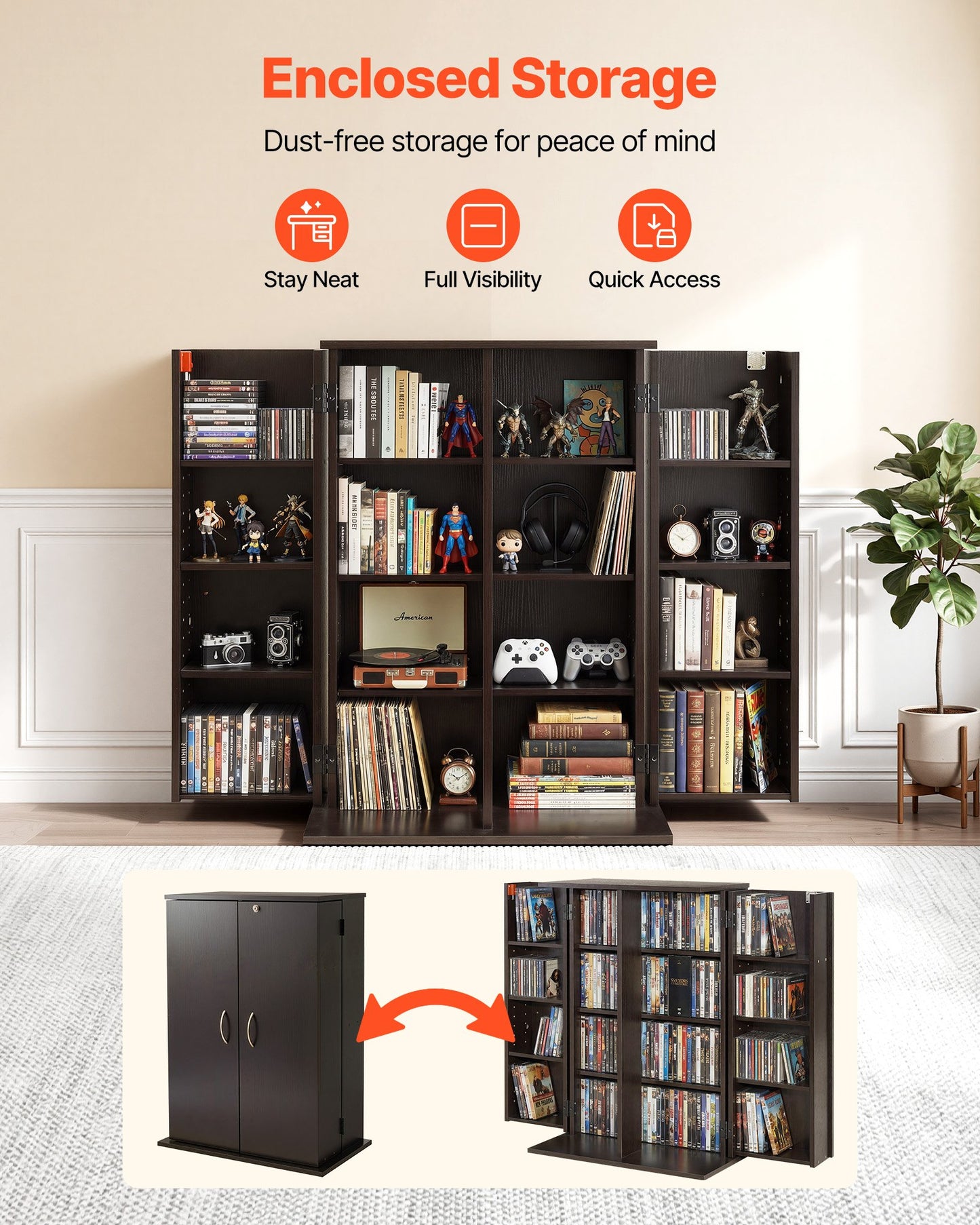 Multimedia Storage Cabinet 4-Tier DVD & CD Organizer with Lock, Brown