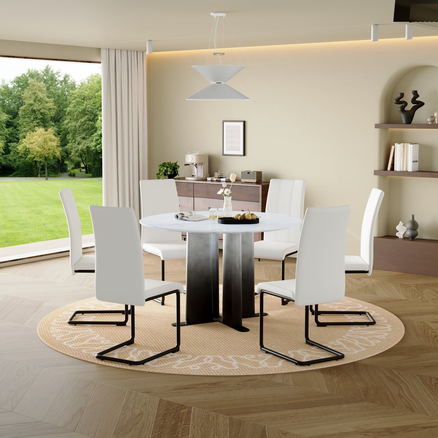 Round White Marble MDF Dining Table with Gradient Legs - Compact for 2-4
