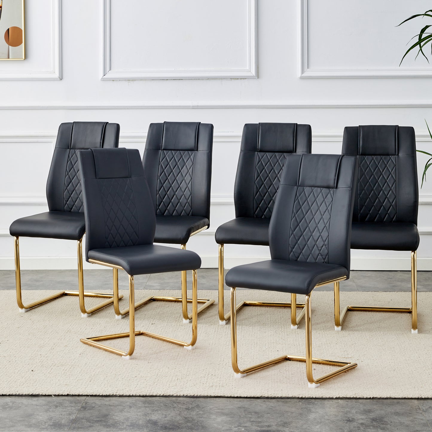 Modern Dining Chairs Set of 6 - Black Faux Leather with Gold Legs