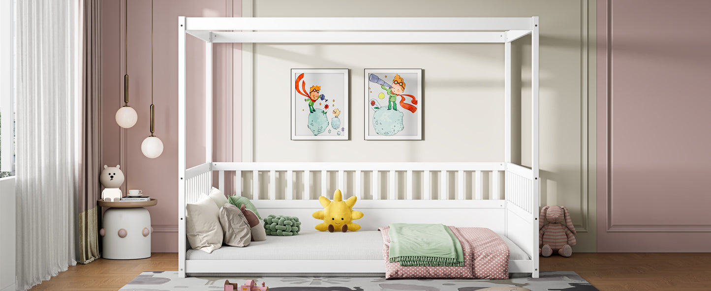 Full Size Canopy Bed Frame with Guardrails for Kids - White