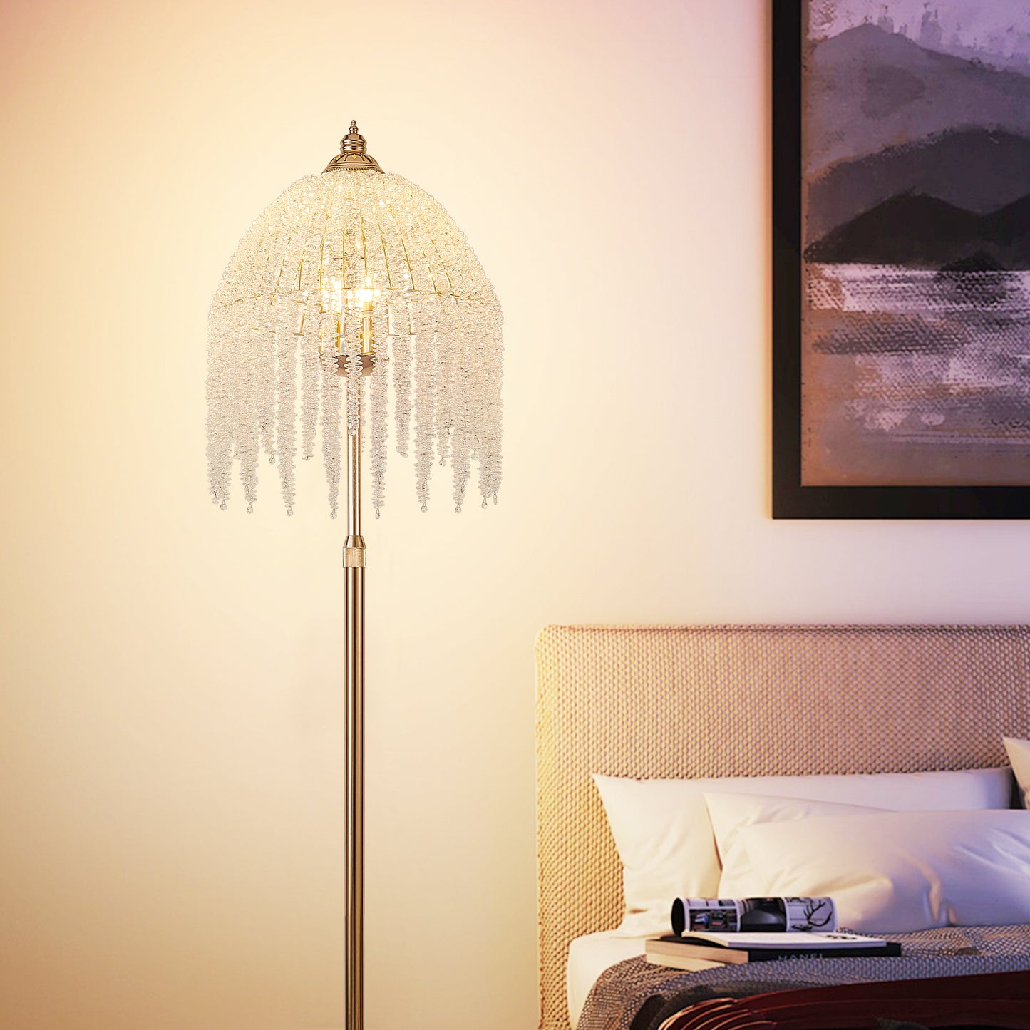 3-Light Crystal Floor Lamp - Vintage Waterfall Design, Gold