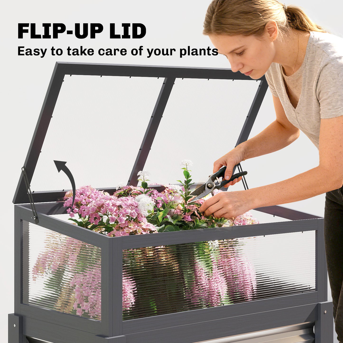 Raised Garden Bed with Flip-Up Greenhouse - Elevated Planter Box, Gray, 980x540x145mm