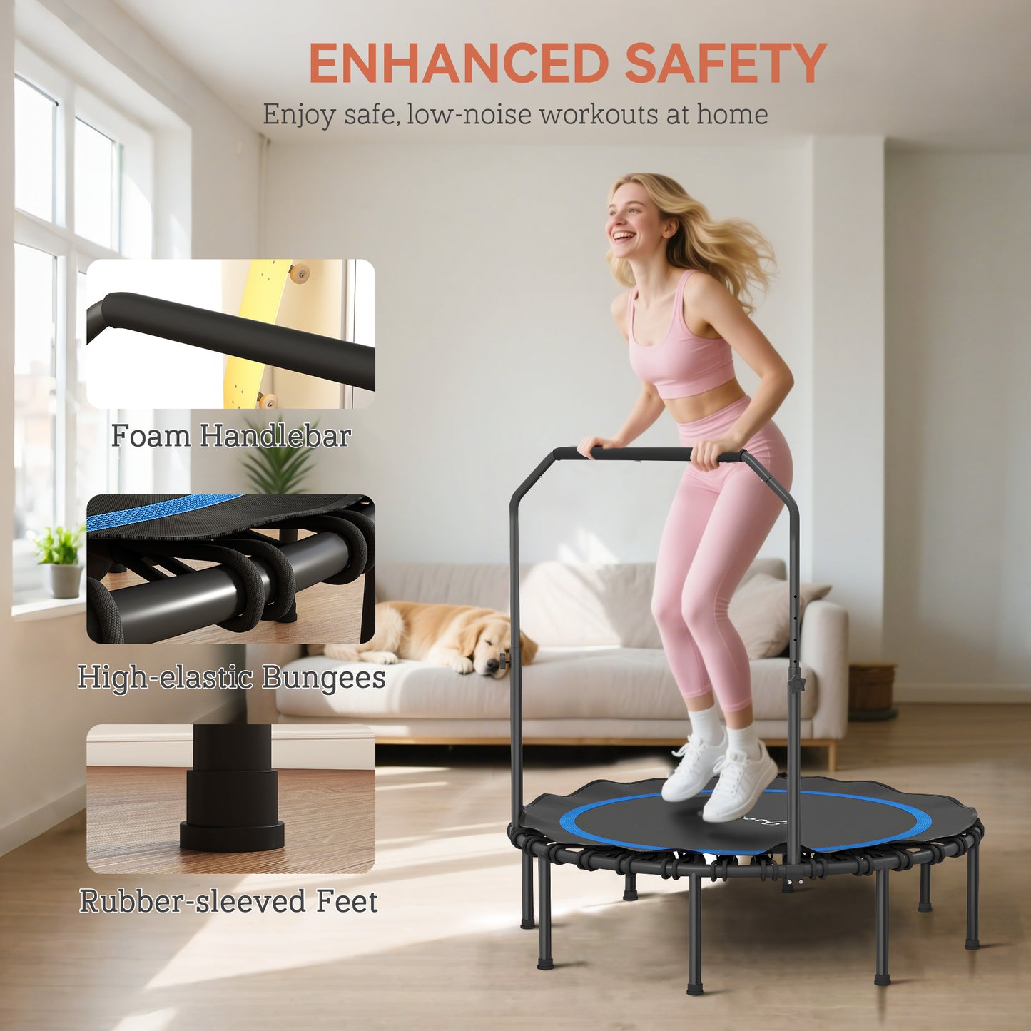 48" Foldable Mini Trampoline for Adults with Adjustable Handle - Blue