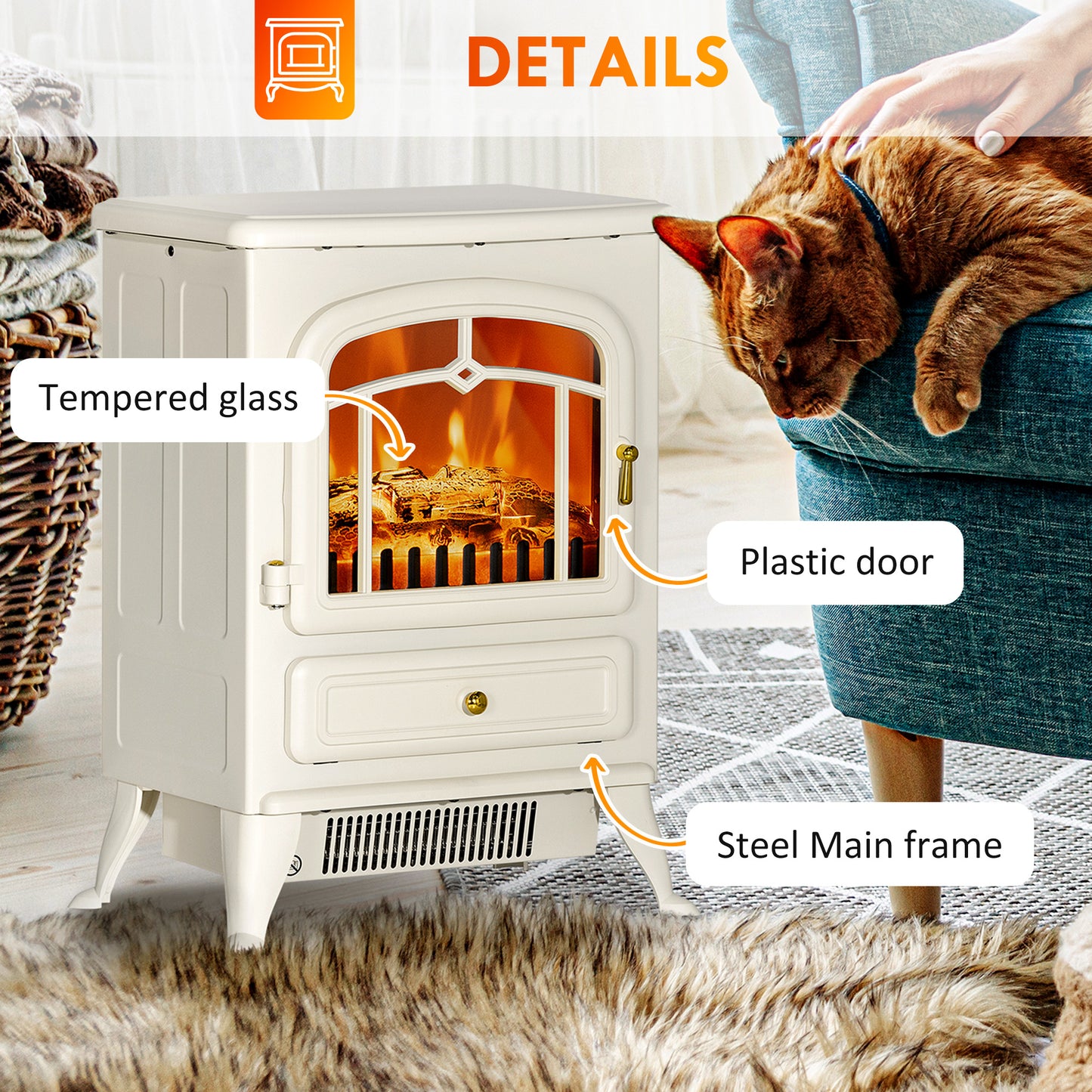 Electric Fireplace Heater with Realistic LED Flames - 725W/1450W, Beige