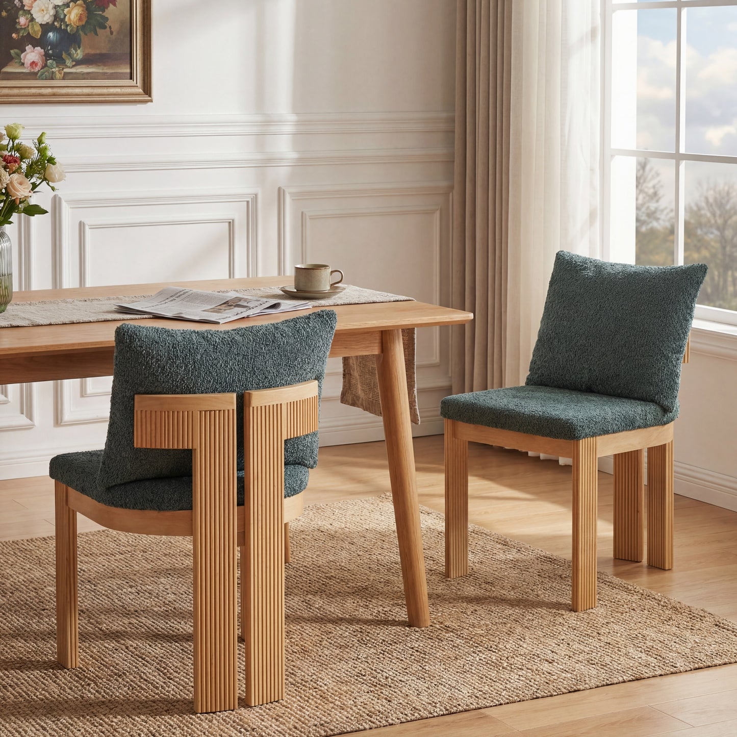 Indoor Boucle Dining Chair Set of 2 - Green Plush Upholstery