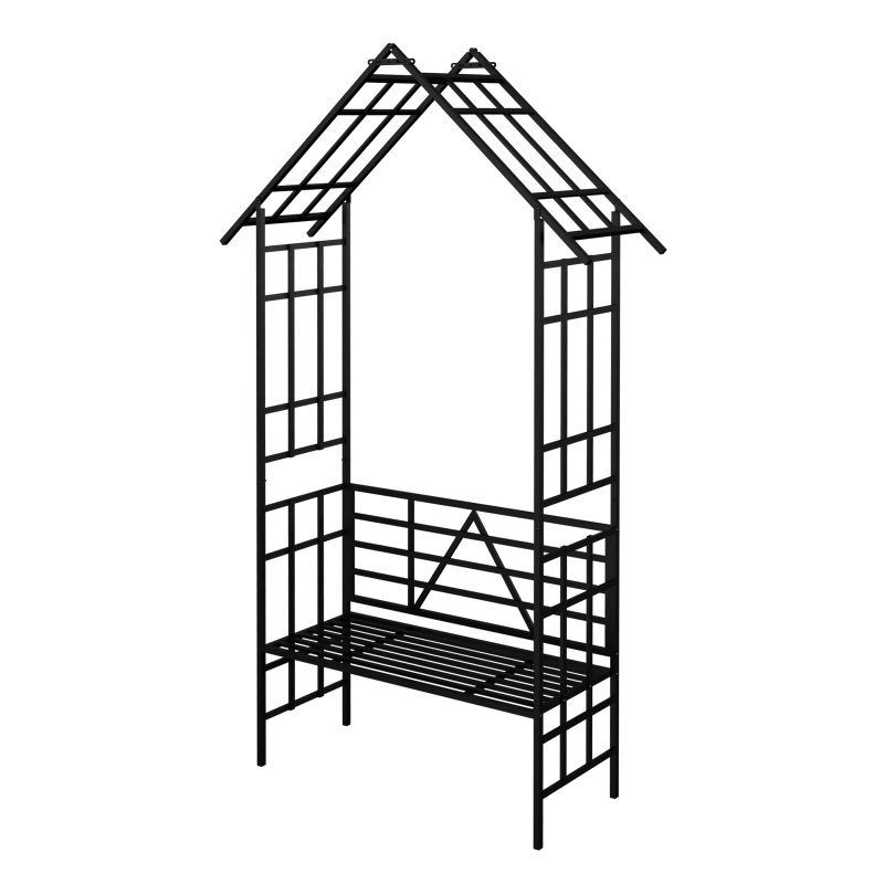 Metal Garden Arch with Convertible Bench and Flower Rack Support - Outdoor Black