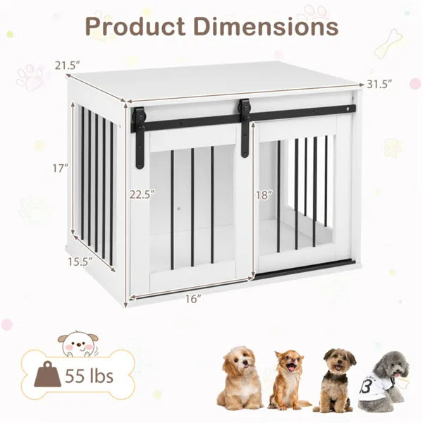 Dog Crate Furniture with Sliding Barn Door - 31.5 Inch Wooden Indoor Kennel & End Table - White
