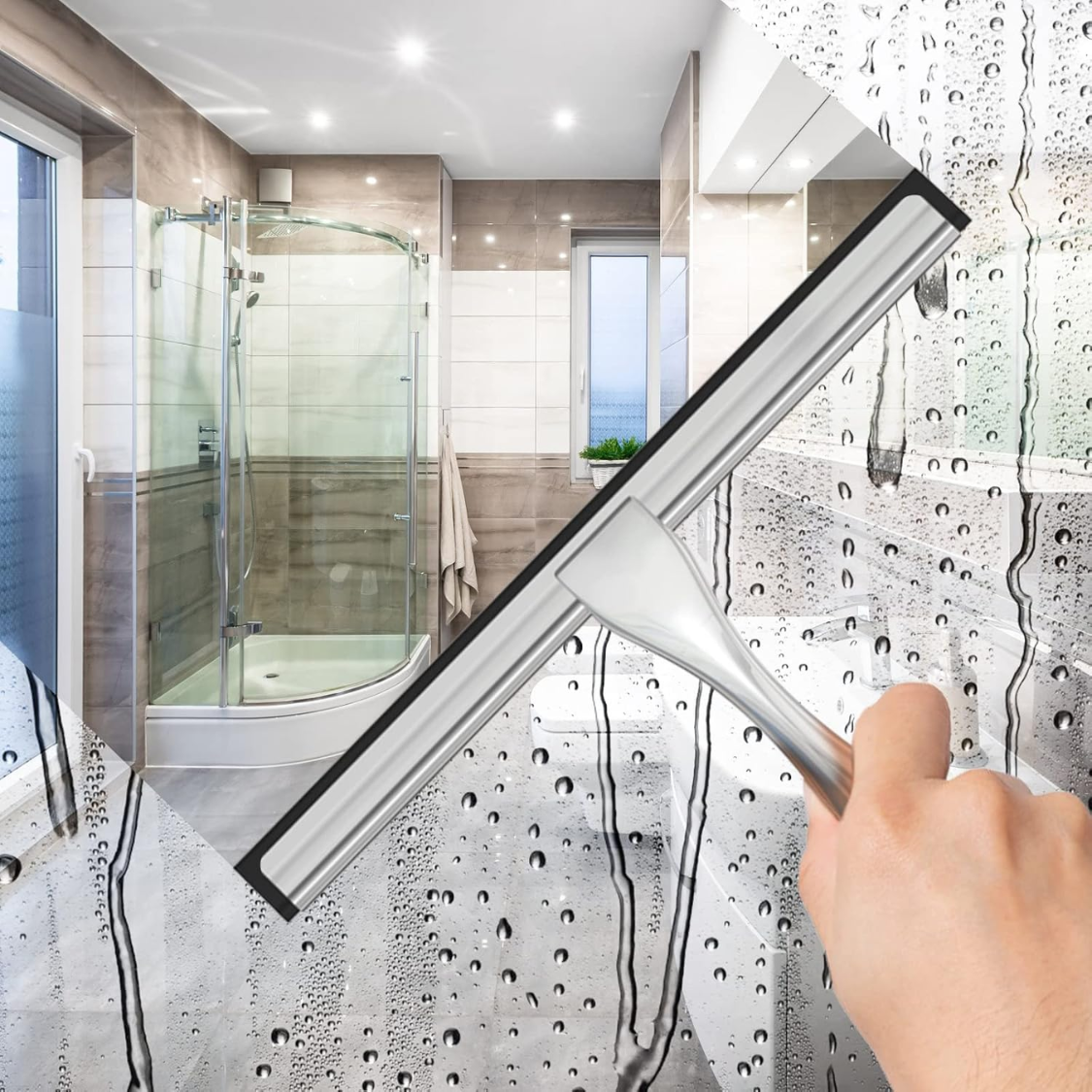 Stainless Steel Shower Squeegee with Adhesive Hooks - Silver
