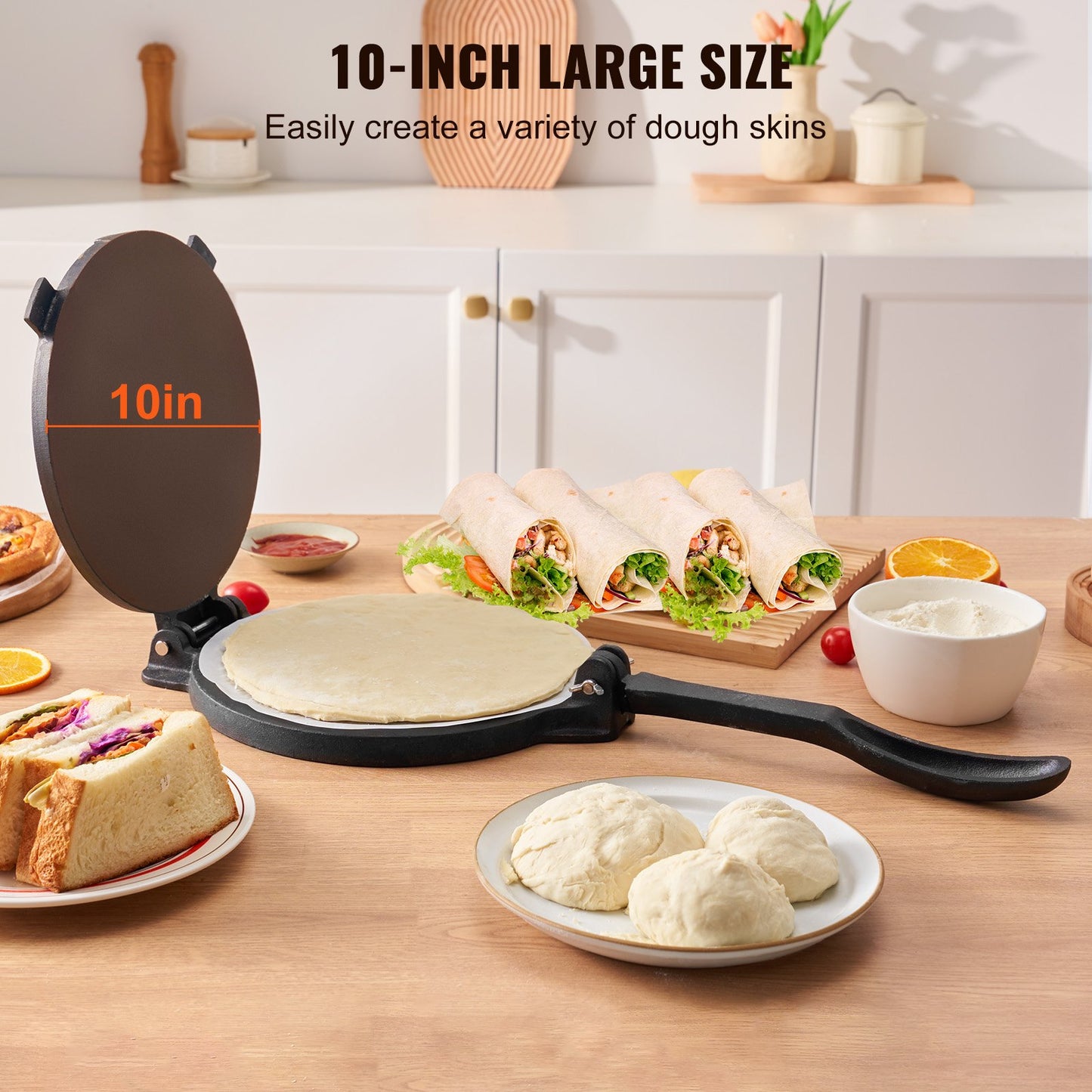 10-Inch Cast Iron Tortilla Press - Heavy Duty Roti & Dough Maker with Parchment Paper