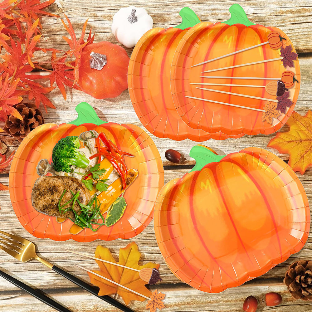 Thanksgiving Party Tableware Set - 134 Pcs Pumpkin Plates & Picks