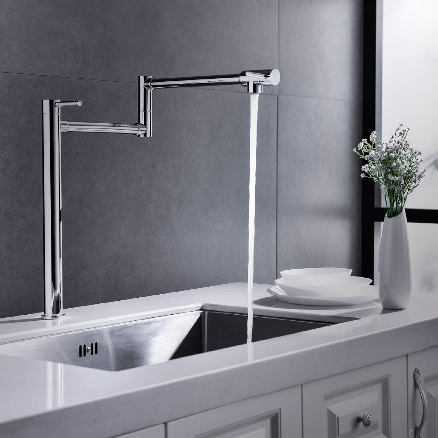 Folding Kitchen Faucet with Pot Filler and Extended Handle