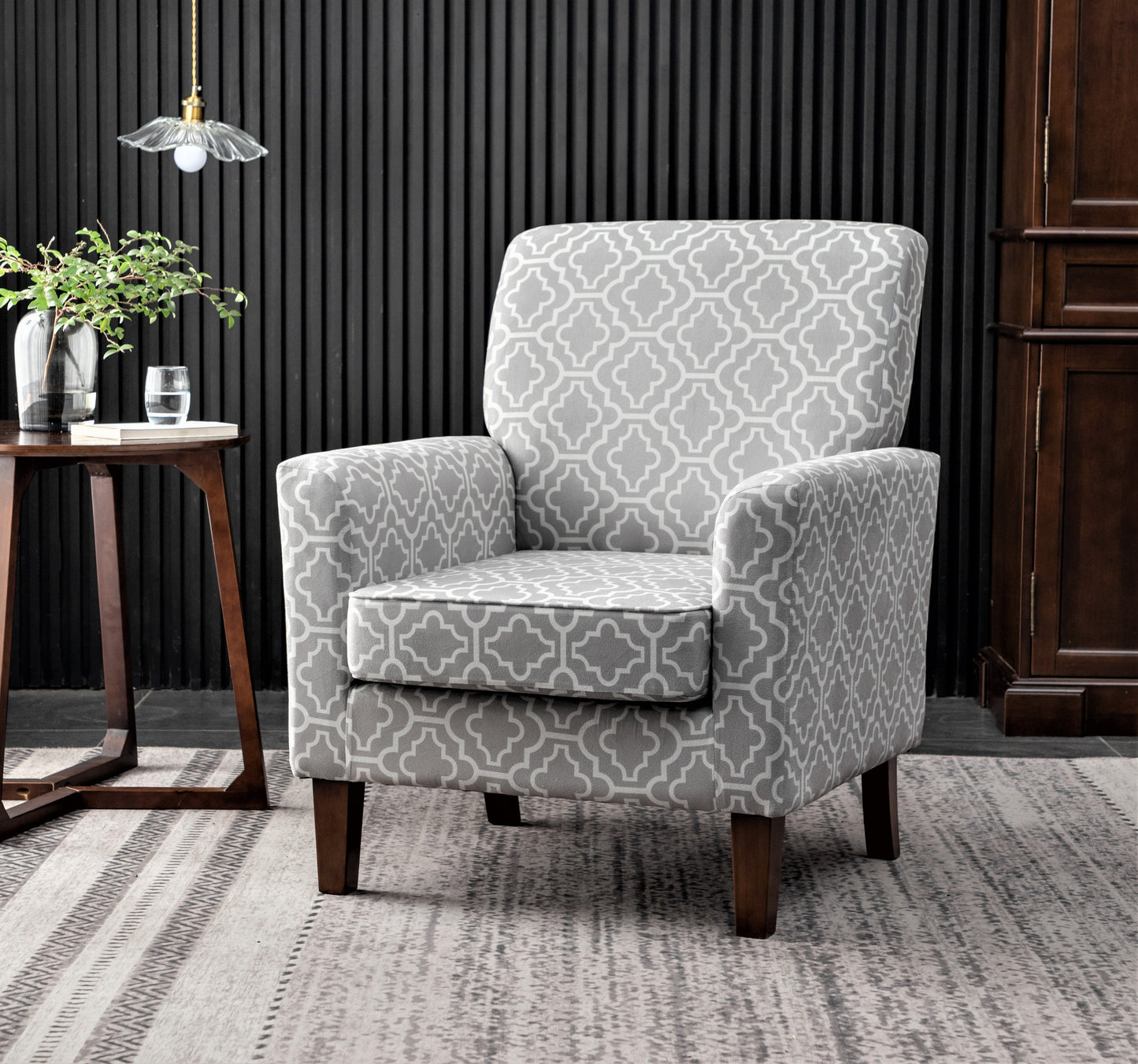 Patterned Polyester Blend Armchair, Solid Birch Wood Frame With Brown