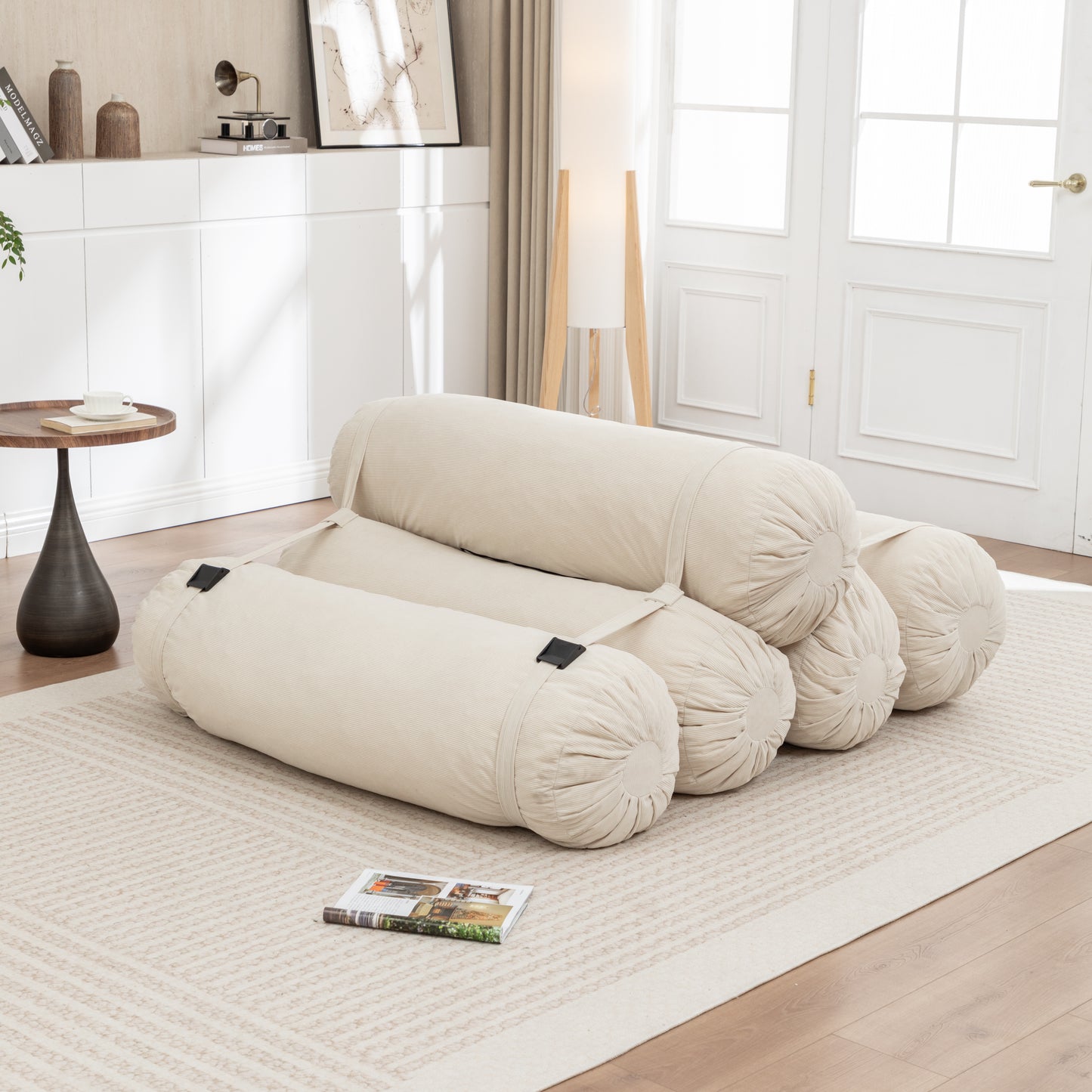 Adjustable Corduroy Floor Sofa - Beige Multi-Person Lounger