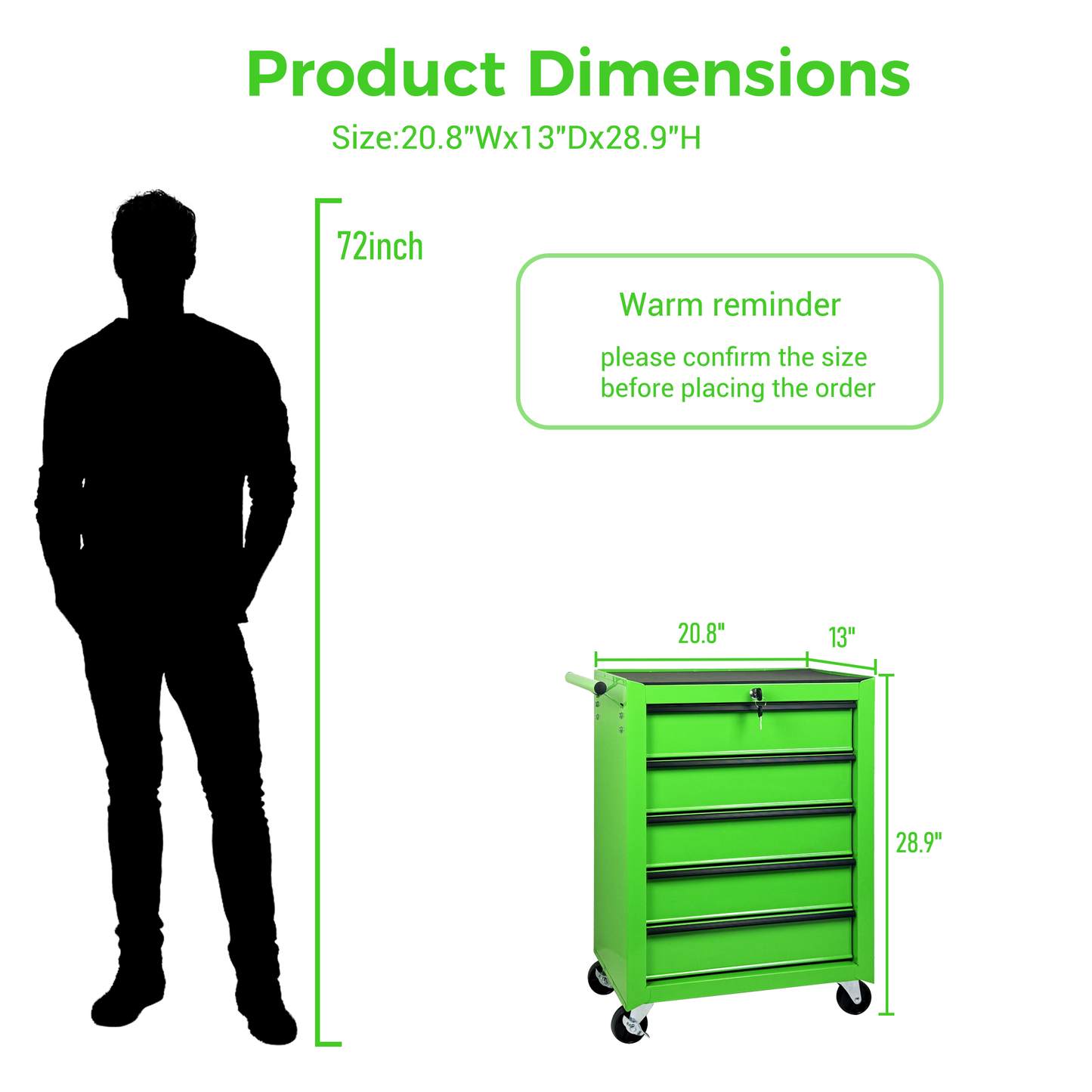 Rolling 5-Drawer Tool Chest - 20-Inch Steel Storage Organizer - Green