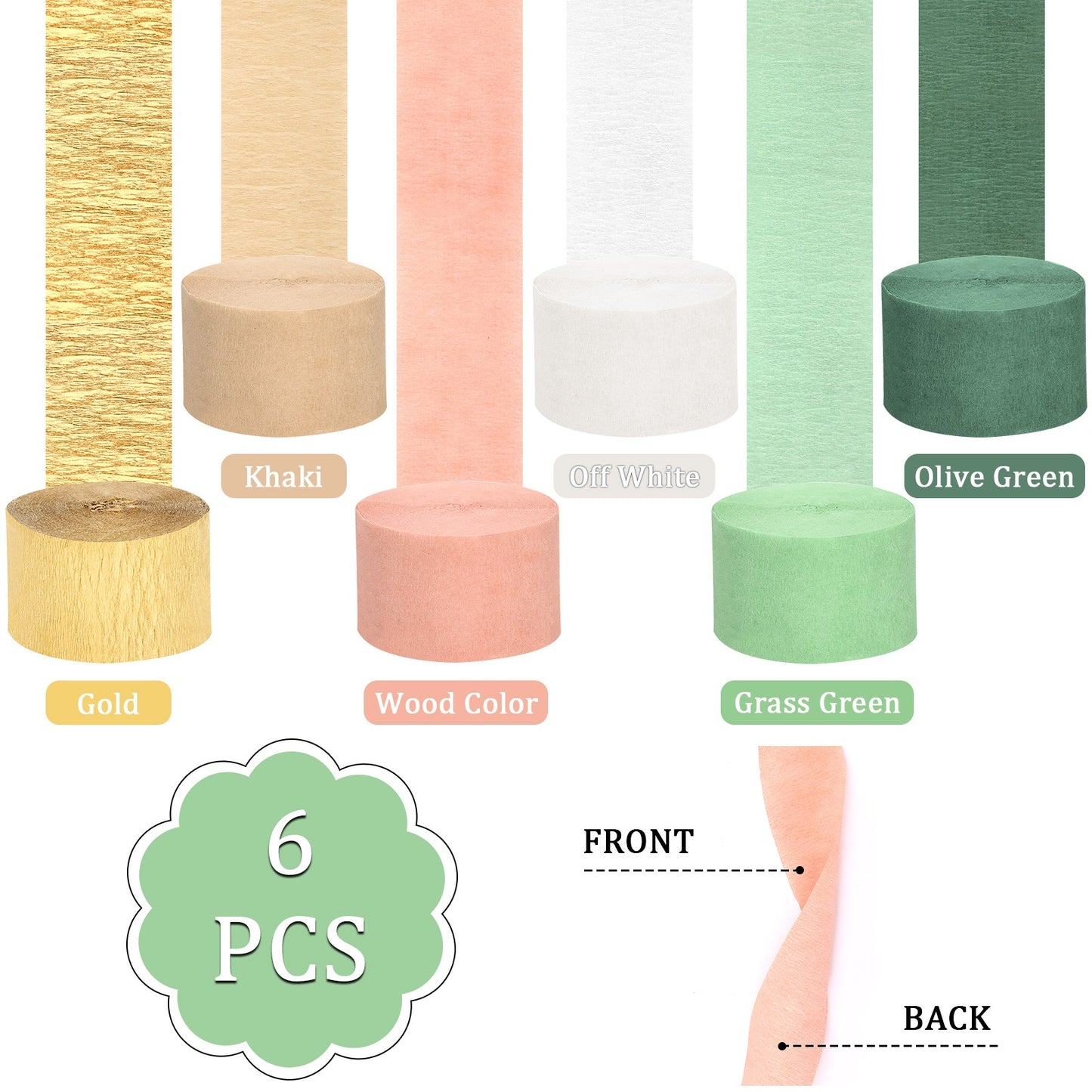 Crepe Paper Streamers Set - 6 Rolls in Olive Green, Gold & More