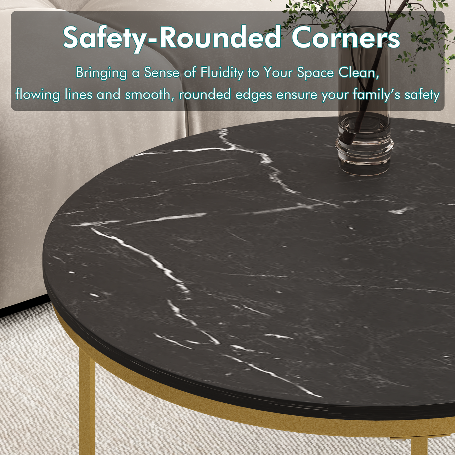 Nesting Coffee Table Set of 2 - Round Black+Gold Marble Top