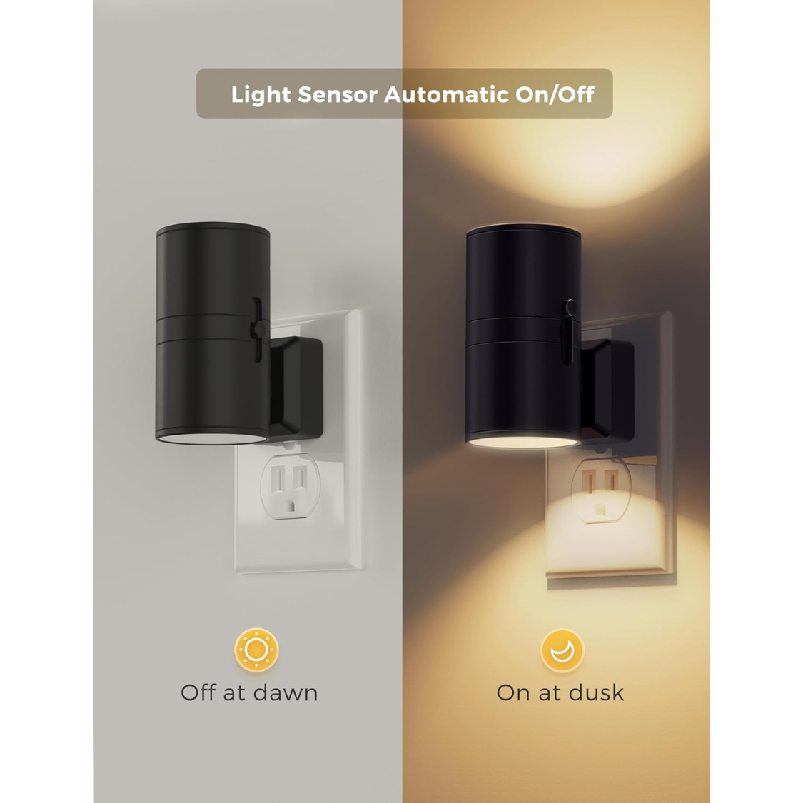 Dimmable LED Night Light Plug-In Wall Lamp with Light Sensor - Black
