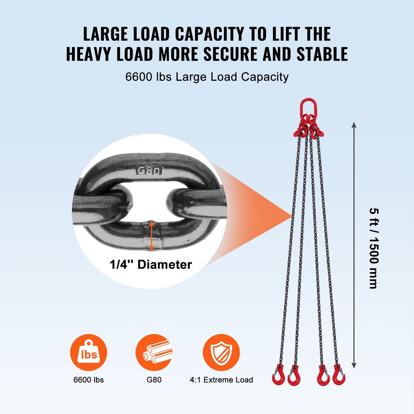 G80 Lifting Chain Sling with 4 Hooks, 6600 lbs Capacity, Heavy Duty Steel