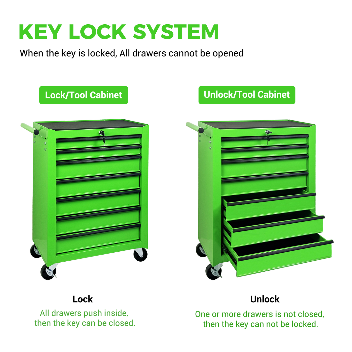 7-Drawer Metal Tool Storage Cabinet with Lockable Wheels - Green