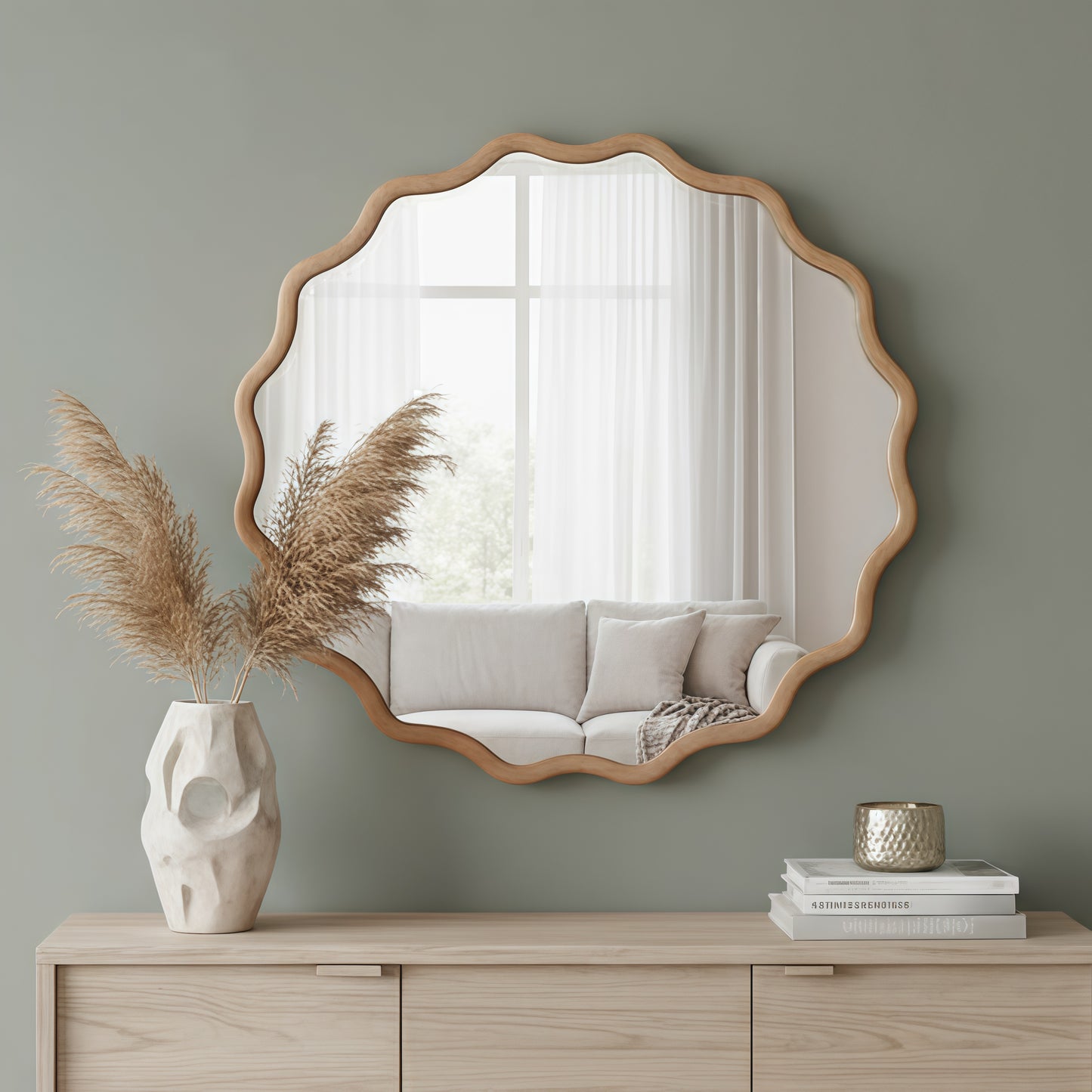 30-Inch Wavy Round Solid Wood Frame Decorative Mirror - Natural Wood