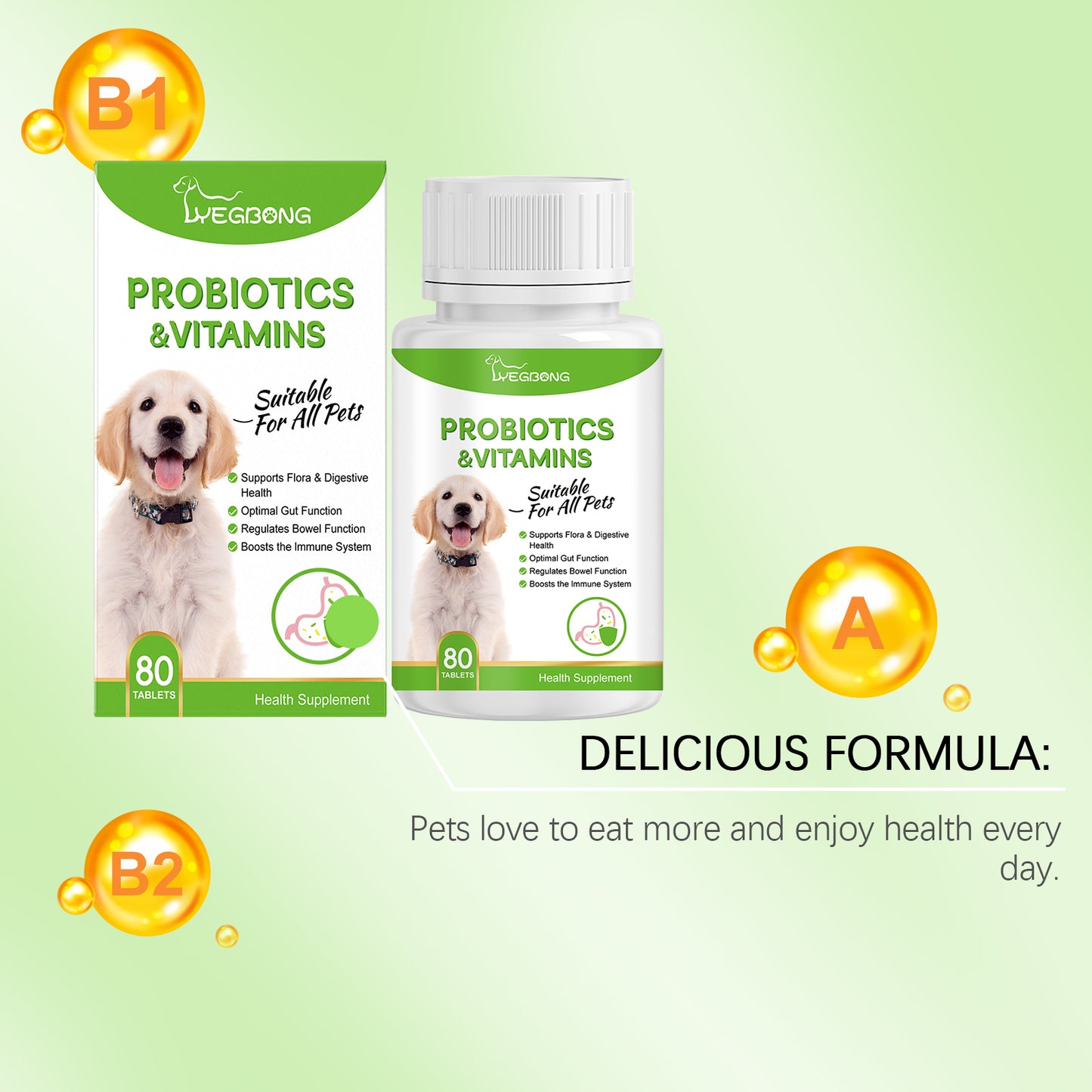 Pet Probiotics & Vitamin Tablets for Dogs & Cats - Gut & Immune Support, 80 Chewable Tablets
