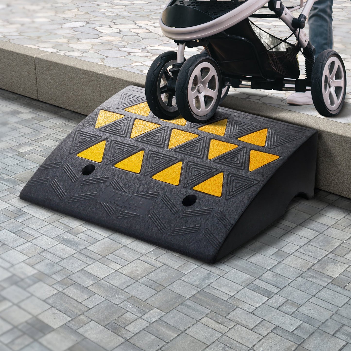 Heavy Duty Rubber Curb Ramp for Vehicles & Wheelchairs - 6' Rise, 14.6' Width, 19.3' Length, Black