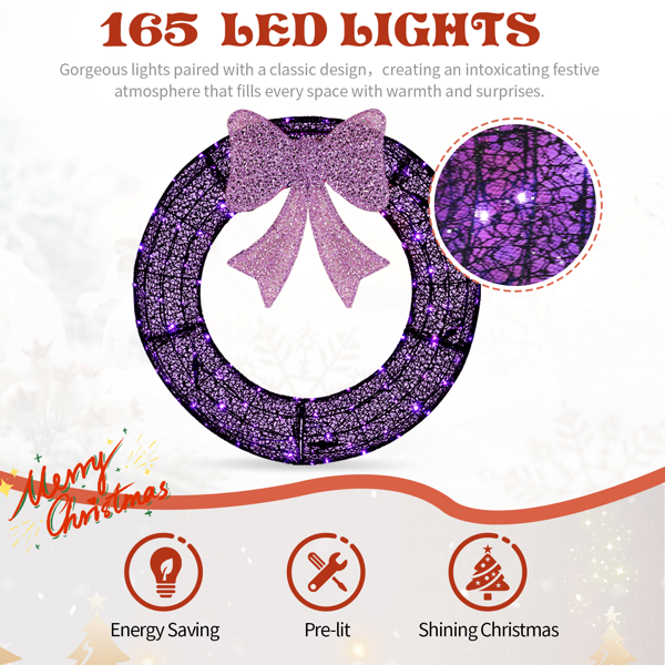 36-Inch Pre-Lit Christmas Wreath with Remote Control LED Lights - Purple Bow