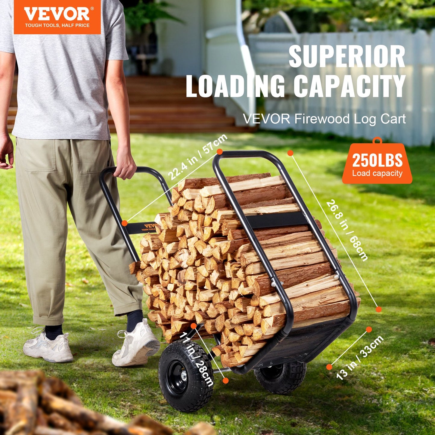 Heavy Duty Firewood Log Cart with 250 Lbs Capacity - Outdoor Indoor Wood Storage & Transport