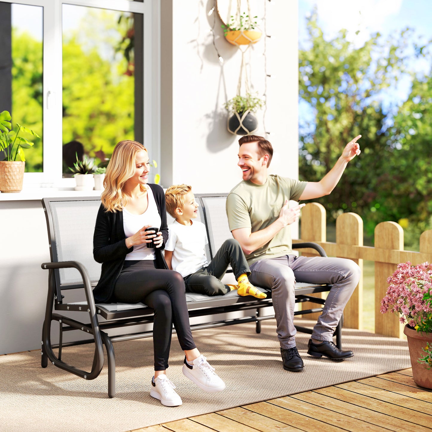 3-Person Outdoor Patio Glider Bench - Cream White Mesh Fabric