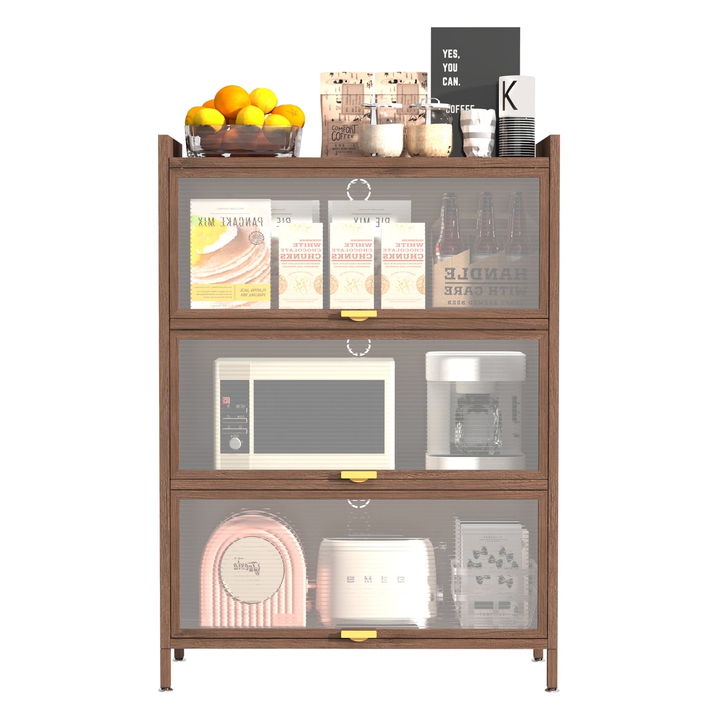 44'' Tall Metal Cabinet with 3 Flip Doors - Walnut Storage