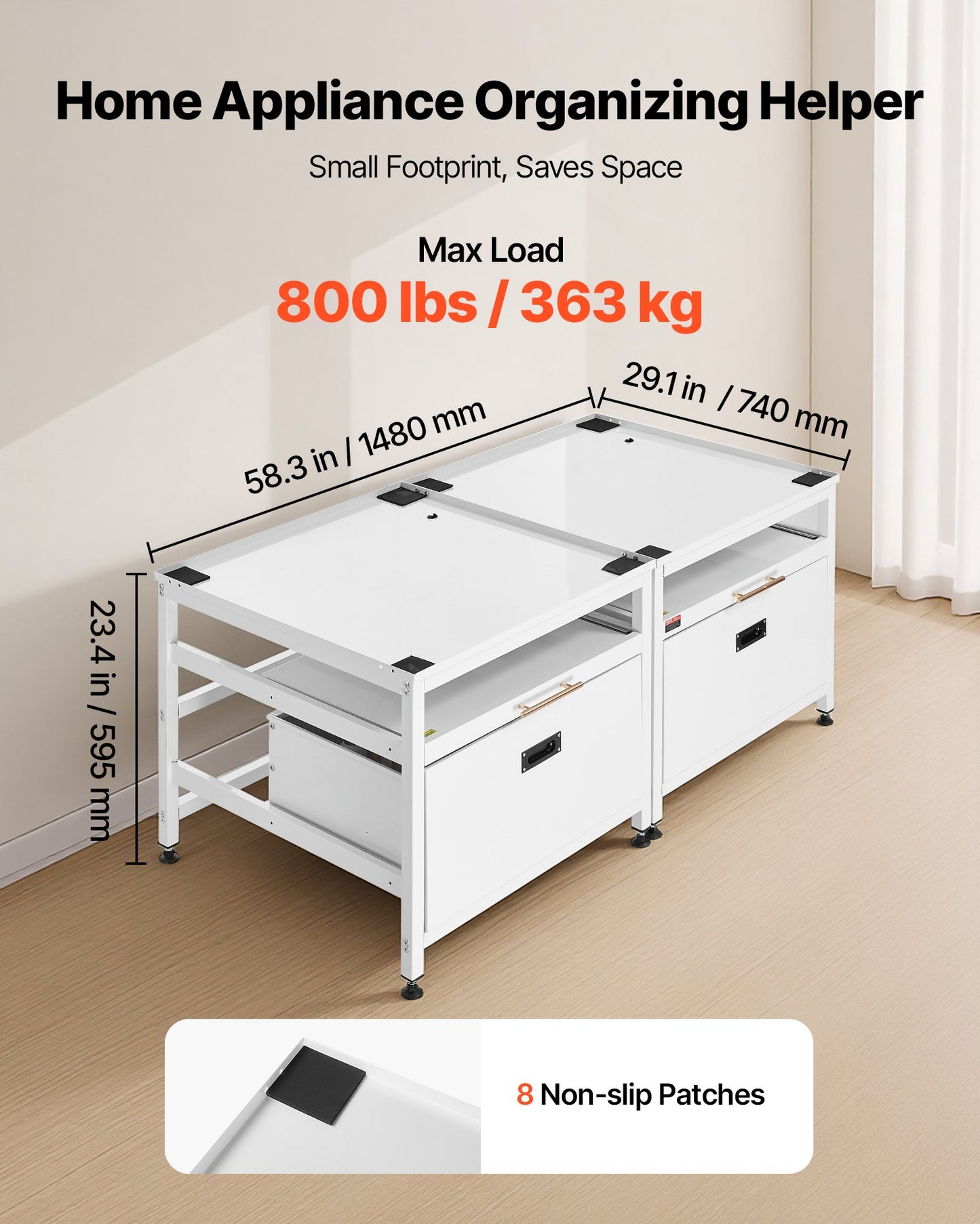 Laundry Pedestal Stand with Pull-Out Tray, 29x29 Inches, 22.6 Inch Height, Supports 800 Lbs, Non-Slip Feet, White, 2 Pack