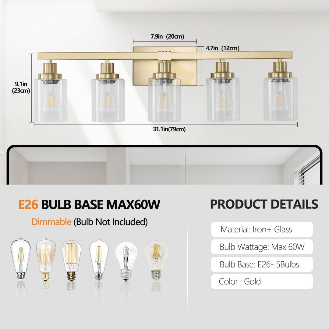 5-Light Golden Vanity Light Fixture with Clear Glass Shades
