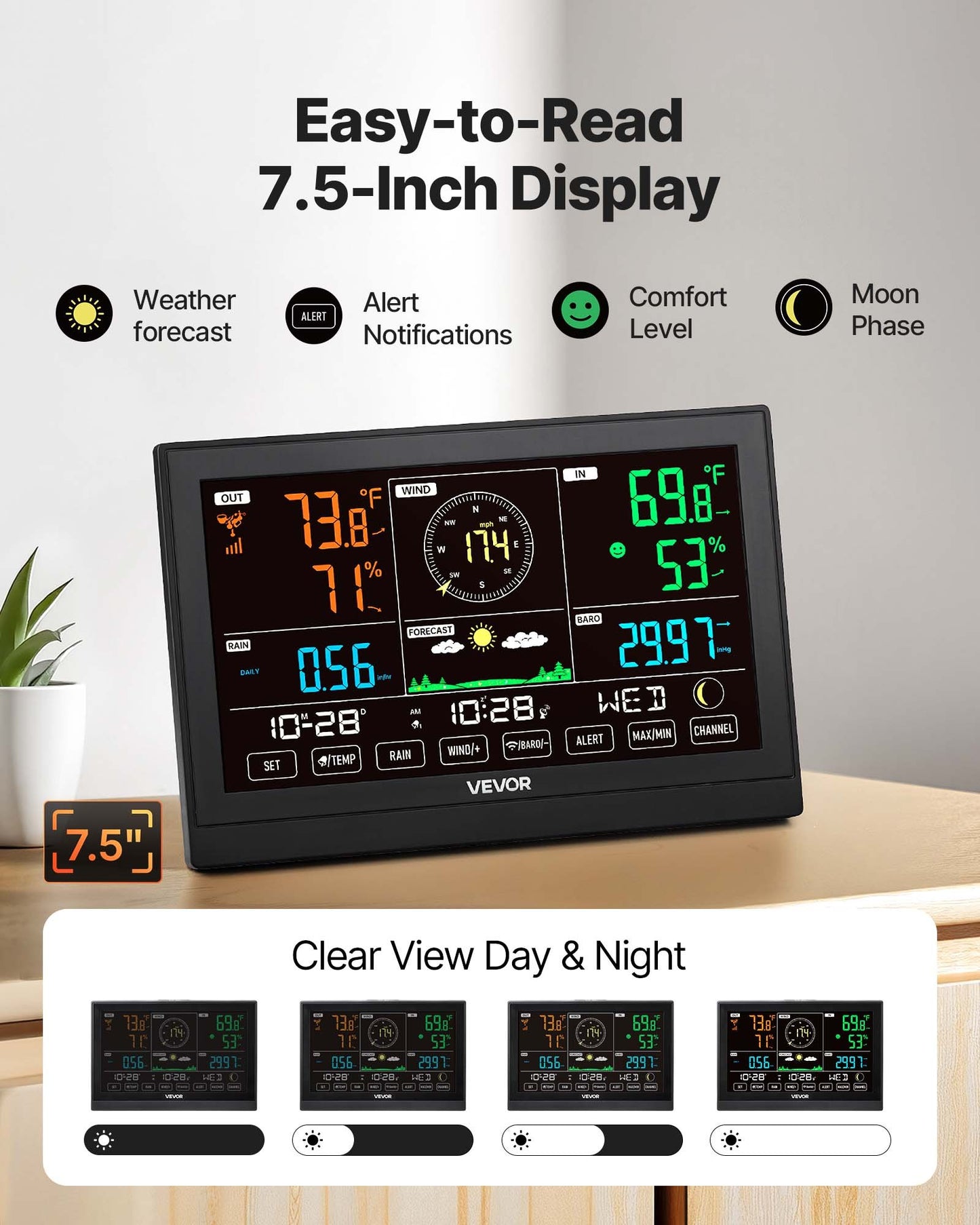 Wireless Weather Station 5-in-1 Outdoor Indoor Thermometer Sensor 7.5-Inch Display