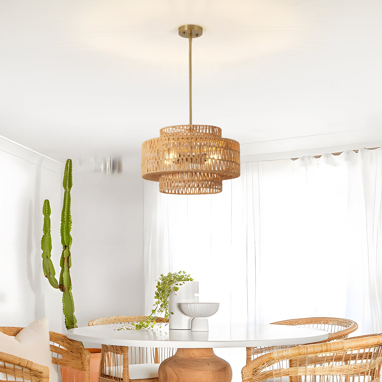 Boho Rattan Pendant Light Fixture - 17.7 Inch Farmhouse Chandelier, 4-Light
