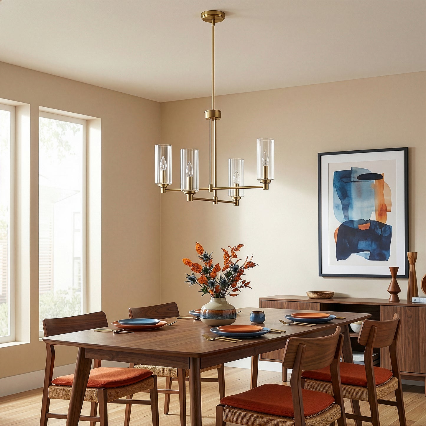 Enigma Four Lights Chandelier With Clear Ribbed Glass -Satin Brass