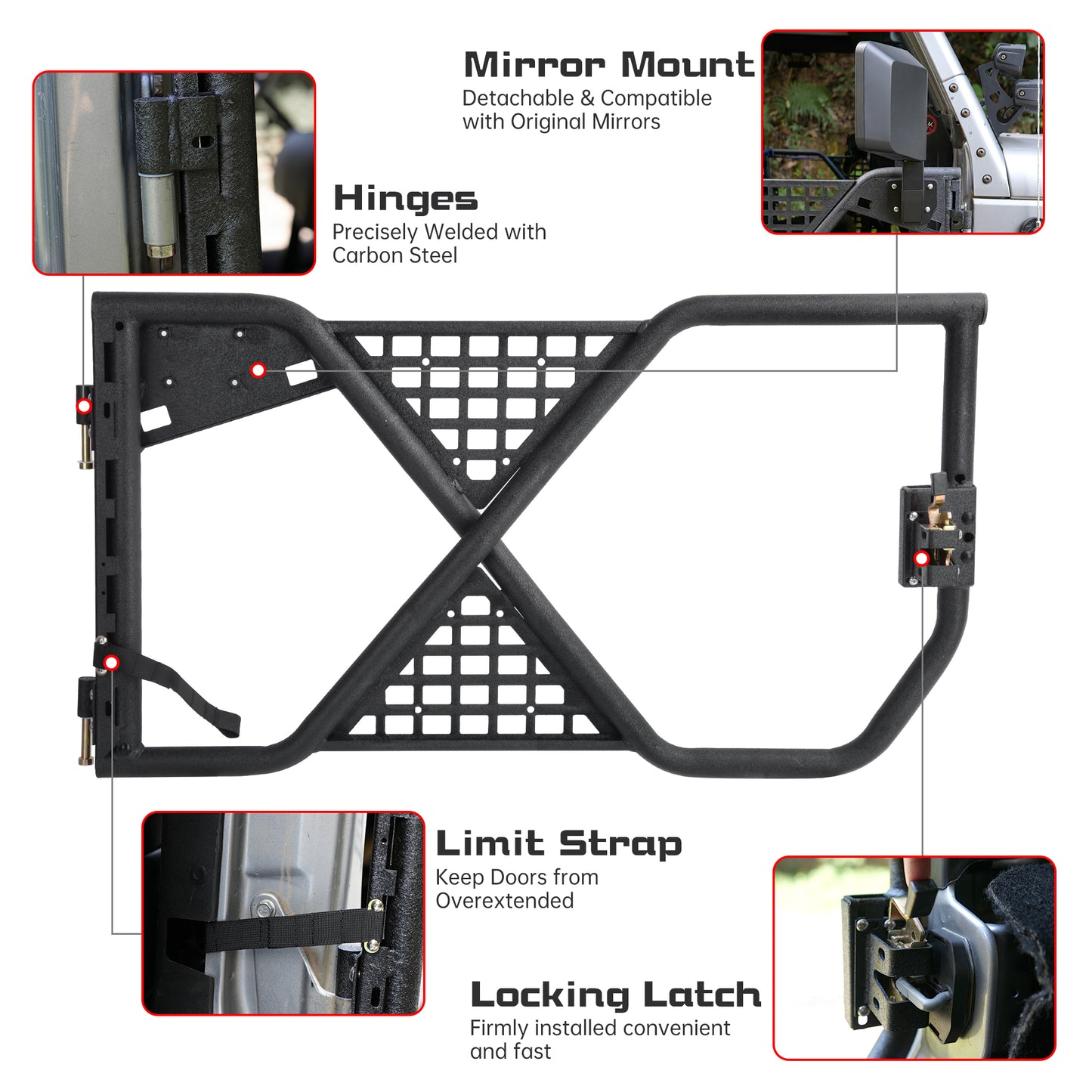 Tube Doors with Rearview Mirror for 2007-2017 Jeep Wrangler JK JKU - Black