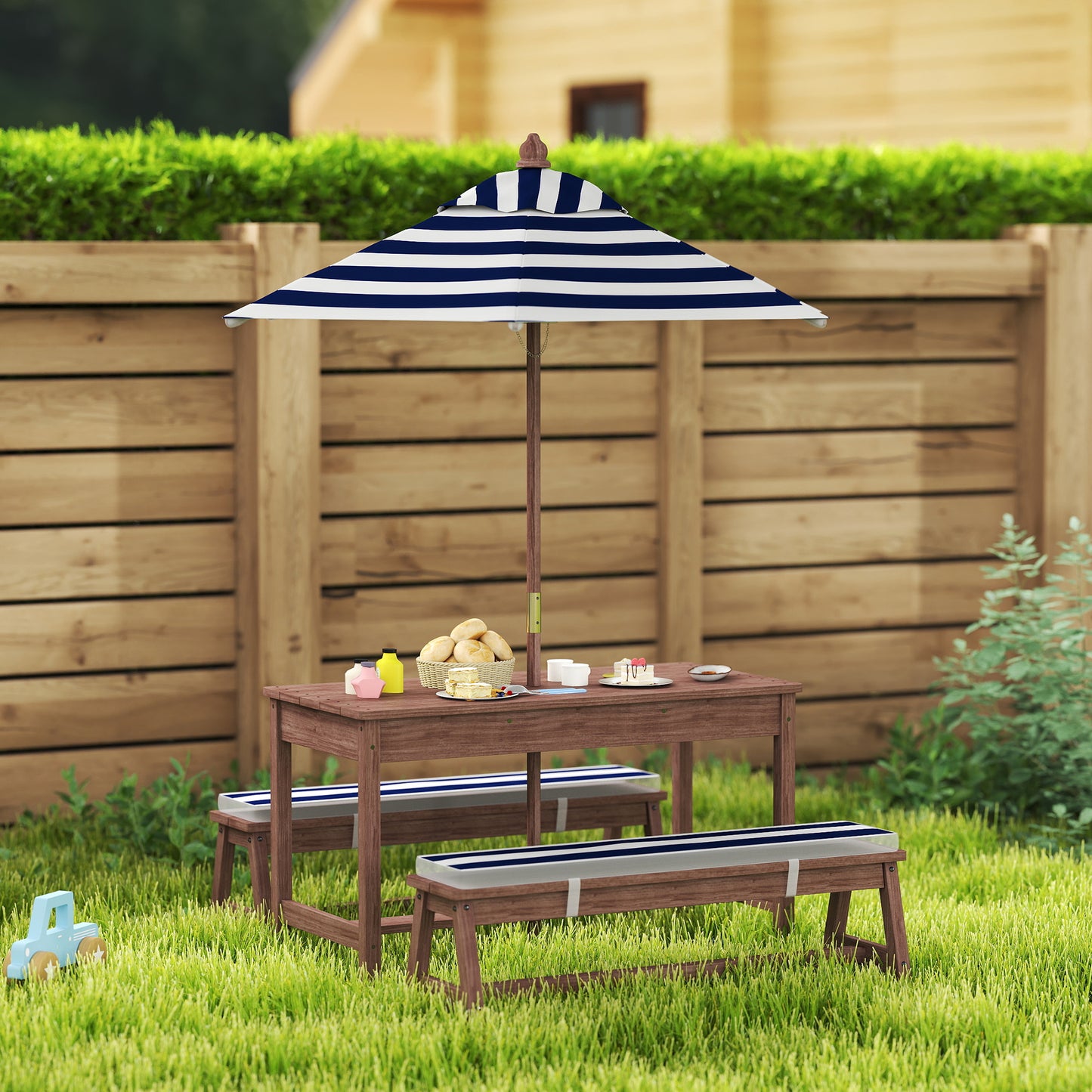 Kids Outdoor Picnic Table & Bench Set with Umbrella - Navy Blue