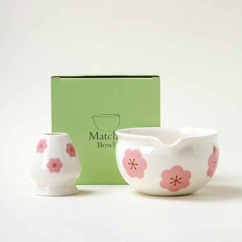 Ceramic Matcha Bowl Set Japanese Style Flower Pattern Home Barware
