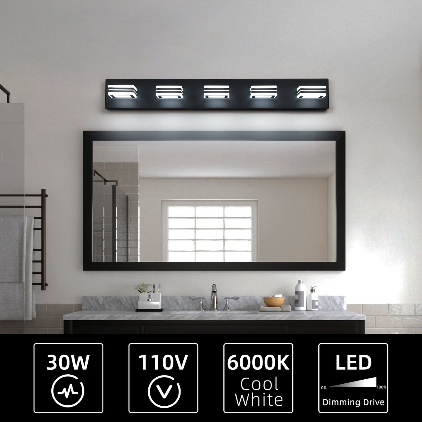 32-Inch Modern Black LED Vanity Light with Square Acrylic Shades