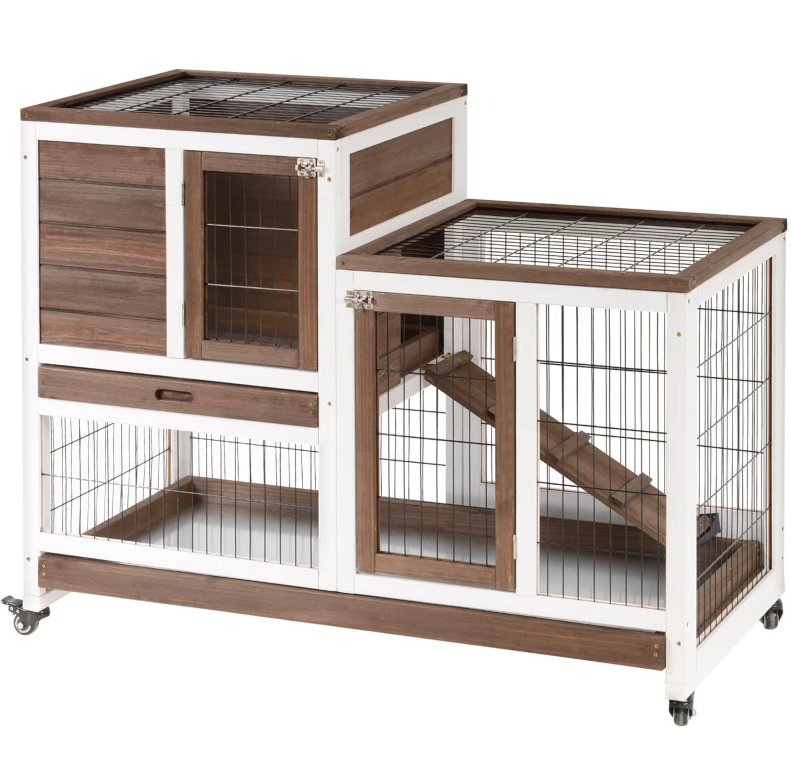 Elevated Wooden Rabbit Hutch with Wheels and Removable Trays - Brown & White