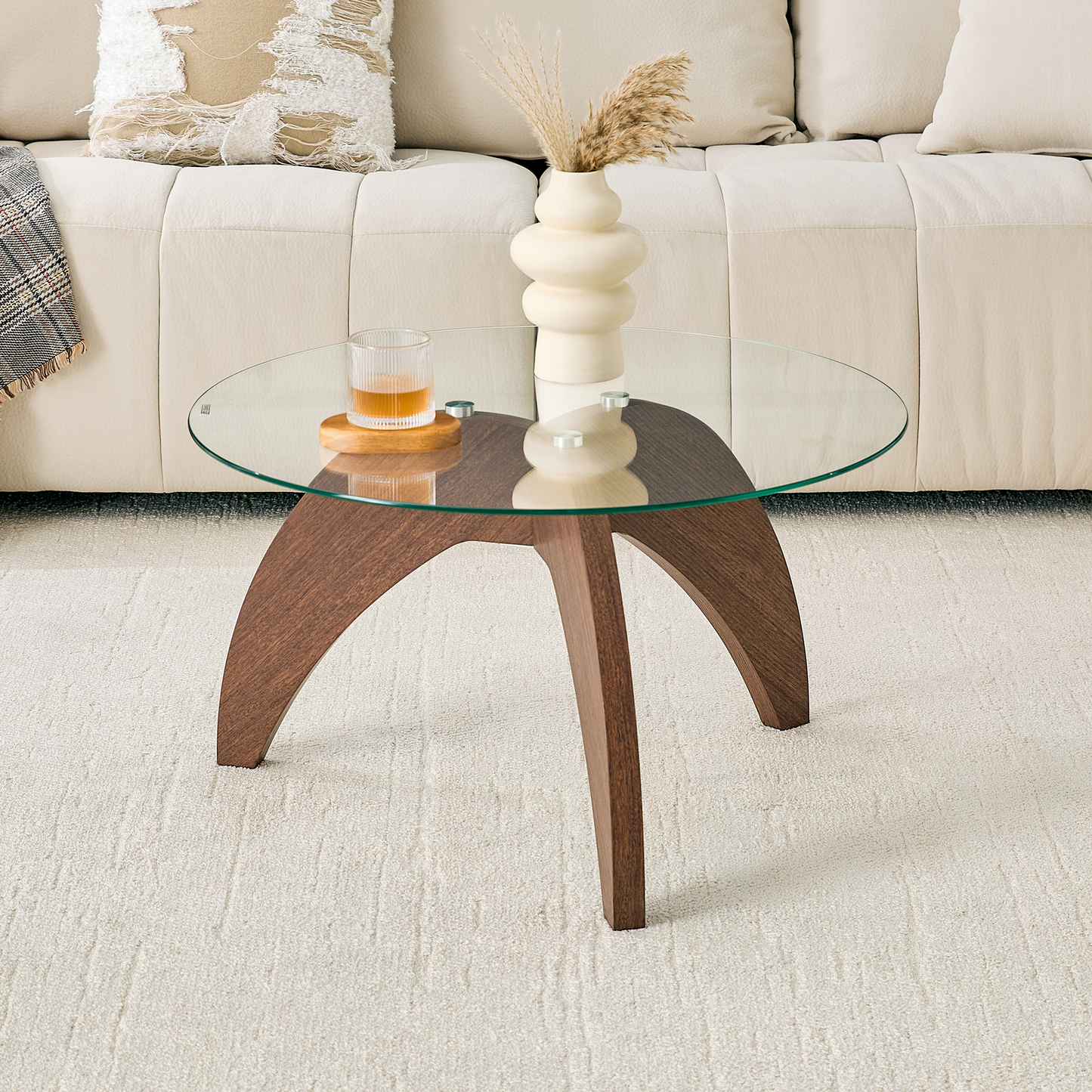 Round Coffee Table with Clear Glass Top and Walnut Legs - 27.5 Inch